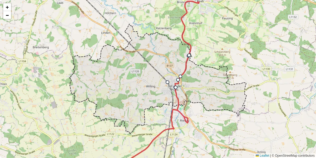 Nahverkehrsnetz in zell-an-der-pram, Österreich - Buslinien, Haltestellen und Verbindungen auf der Karte