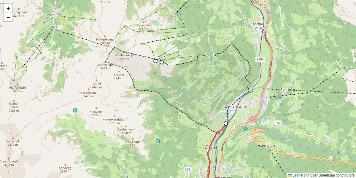 Nahverkehrsnetz in zellberg, Österreich - Buslinien, Haltestellen und Verbindungen auf der Karte