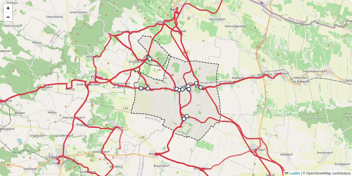 Nahverkehrsnetz in zellerndorf, Österreich - Buslinien, Haltestellen und Verbindungen auf der Karte