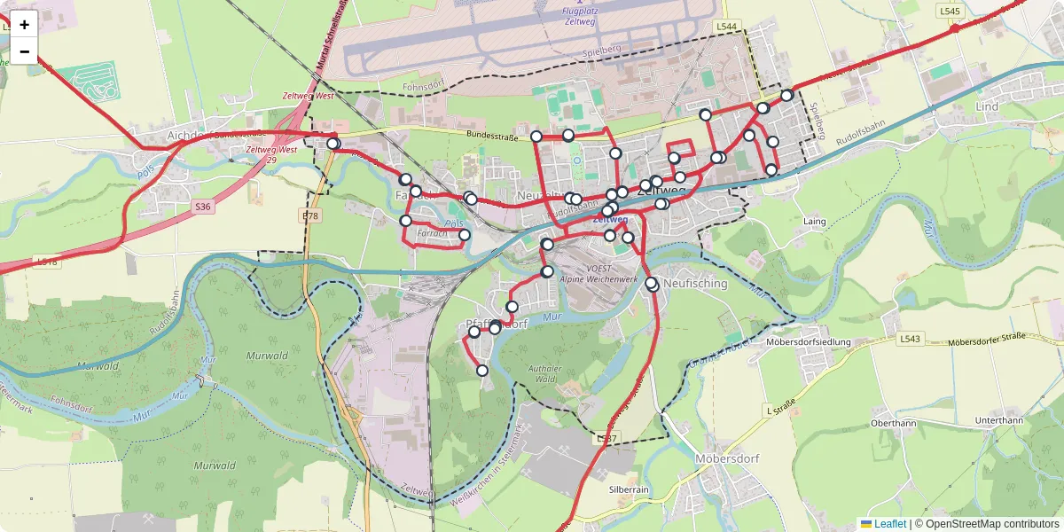 Nahverkehrsnetz in zeltweg, Österreich - Buslinien, Haltestellen und Verbindungen auf der Karte