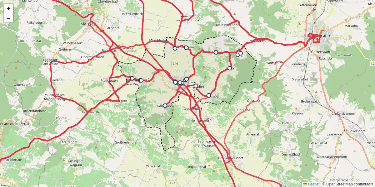 Nahverkehrsnetz in ziersdorf, Österreich - Buslinien, Haltestellen und Verbindungen auf der Karte