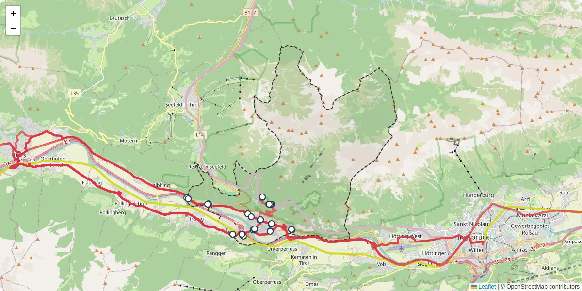Nahverkehrsnetz in zirl, Österreich - Buslinien, Haltestellen und Verbindungen auf der Karte