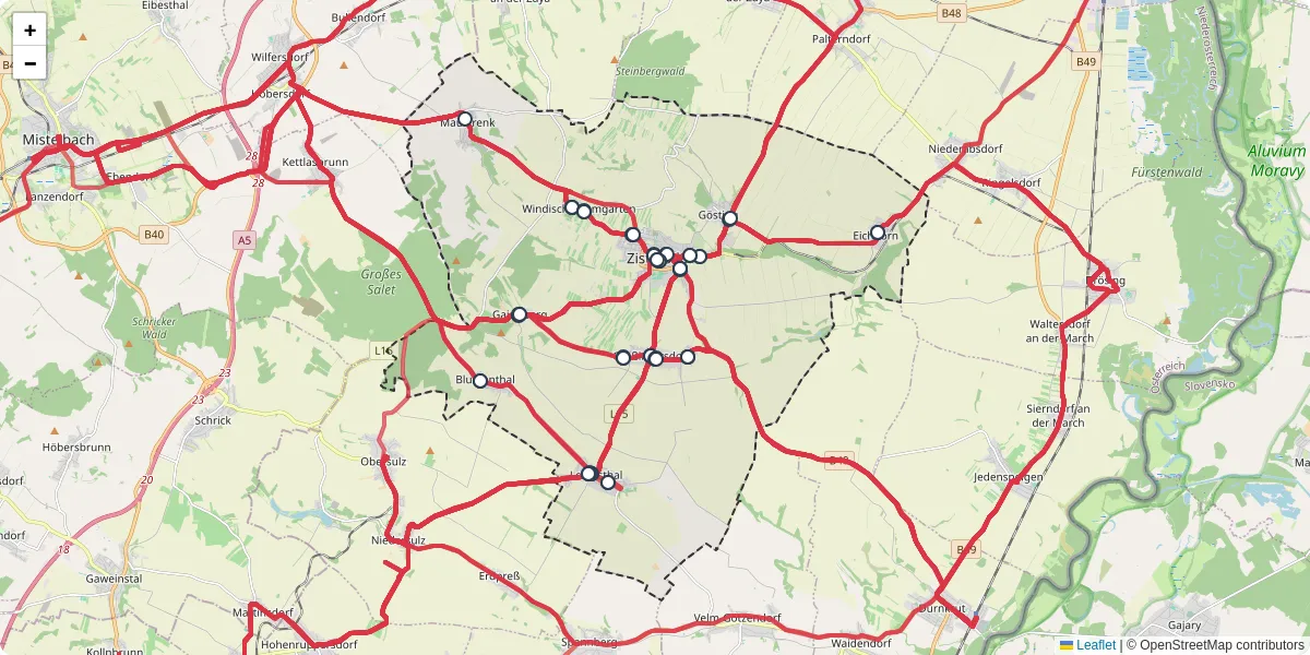 Nahverkehrsnetz in zistersdorf, Österreich - Buslinien, Haltestellen und Verbindungen auf der Karte