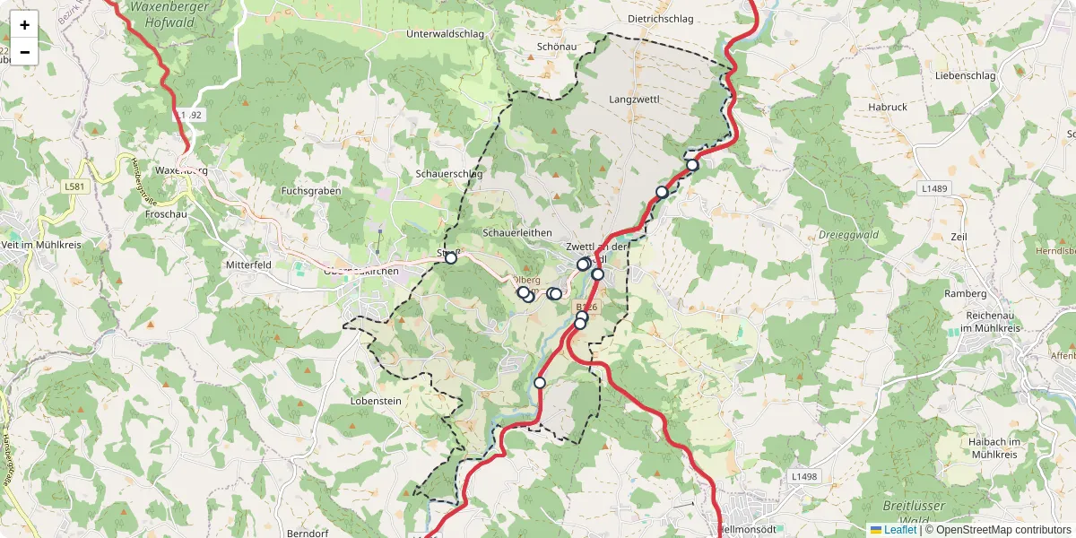 Nahverkehrsnetz in zwettl-an-der-rodl, Österreich - Buslinien, Haltestellen und Verbindungen auf der Karte