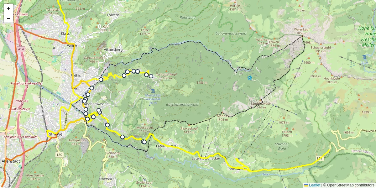 Nahverkehrsnetz in zwischenwasser, Österreich - Buslinien, Haltestellen und Verbindungen auf der Karte